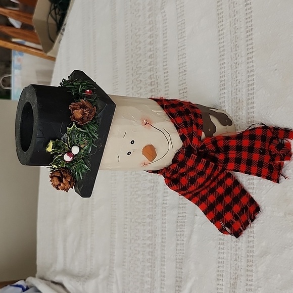 Hand Painted wooden snowman top hat candle holder plaid scarf Holiday Decoration - Picture 2 of 8